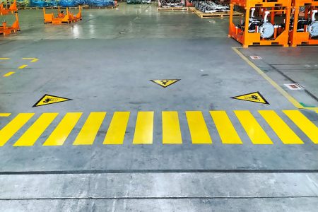Industrial,Building,Corridor,Painted,Yellow,Between,Parallel,Yellow,Lines,On